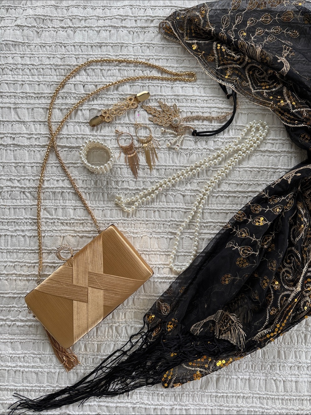 Vintage Inspired Gatsby Flapper Accessories Set Gold Black Pearl 1920s Art Deco